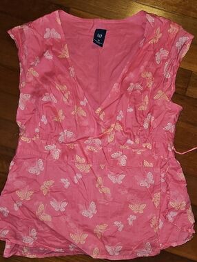 5FOR$30 GAP Pink Butterfly V-Neck Wrap Blouse with Waist Tie